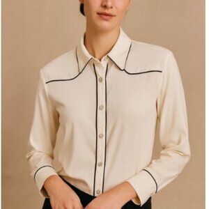 Indies Pearl Snap Shirt Western Ivory Collared Black Trim Size 38 US S